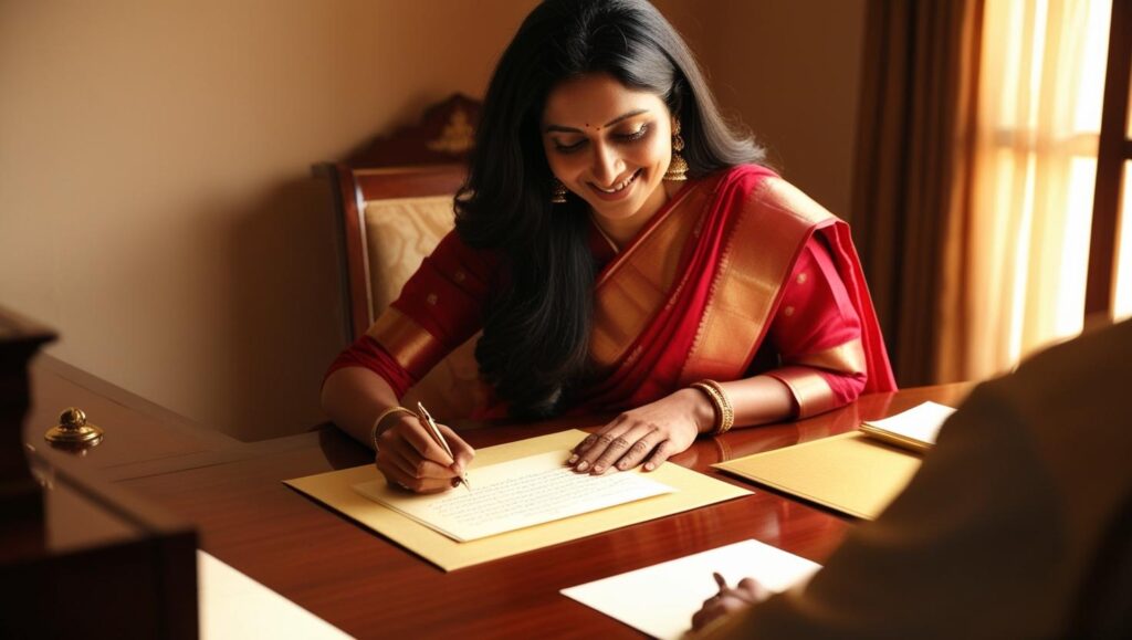 Woman sitting at a desk writing a personal note