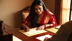 Woman sitting at a desk writing a personal note