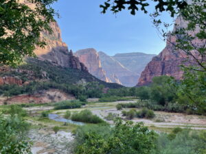Image of Zion National Park with the sun rising over the Virgin River