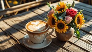 Latte with heart and flowers on a table