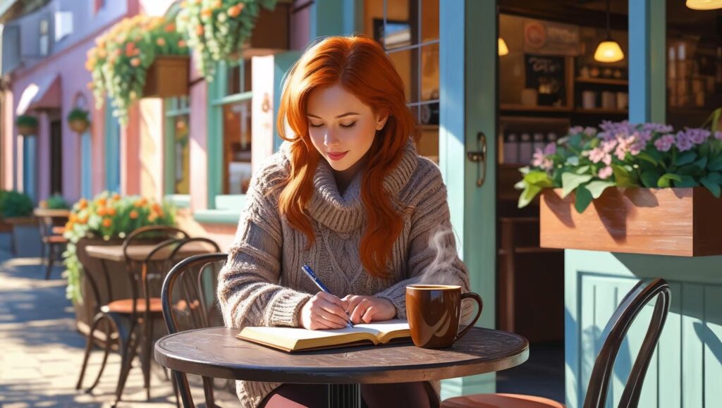 Woman writing in a journal outside a coffee shop