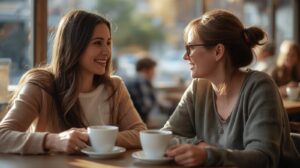 A woman and her adult daughter sharing a heartfelt conversation over coffee in a neighborhood cafe.