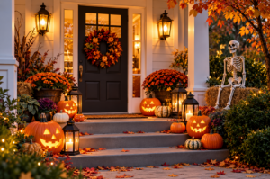 Porch decorated for Halloween